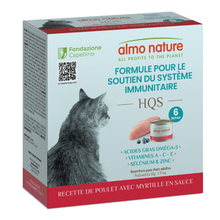 Almo Nature HQS Formule Soutien - Système Immunitaire, Poulet et Myrtille en Sauce - Nourriture Humide pour Chats Adultes