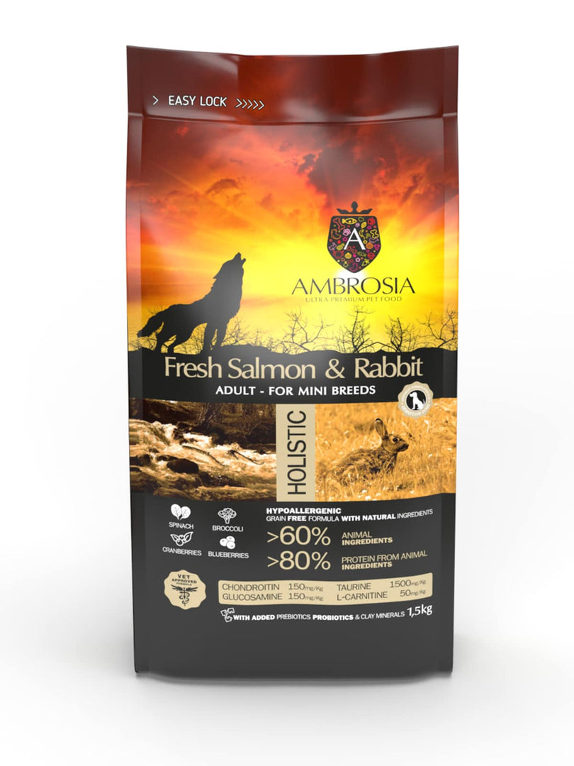 Ambrosia - Sensible, Saumon et Lapin - Nourriture Sèche avec Sans Grains pour Chiens Adultes de Minis et Petites Races