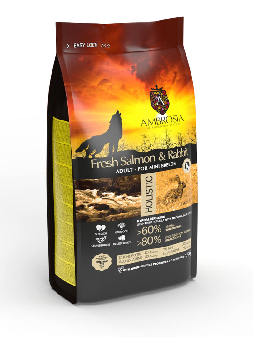 Ambrosia - Sensible, Saumon et Lapin - Nourriture Sèche avec Sans Grains pour Chiens Adultes de Minis et Petites Races