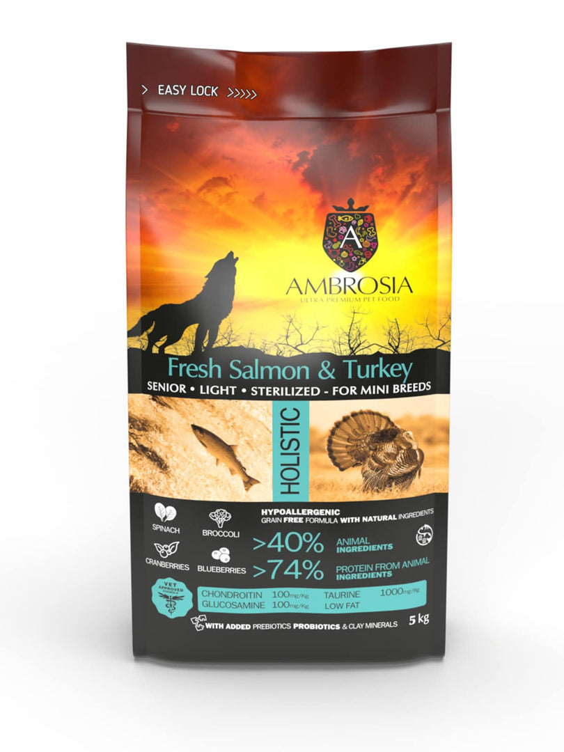 Ambrosia - Sensible, Légère, Stérilisé, Dinde et Saumon - Nourriture Sèche avec Sans Grains pour Chiens Senior de Minis et Petites Races