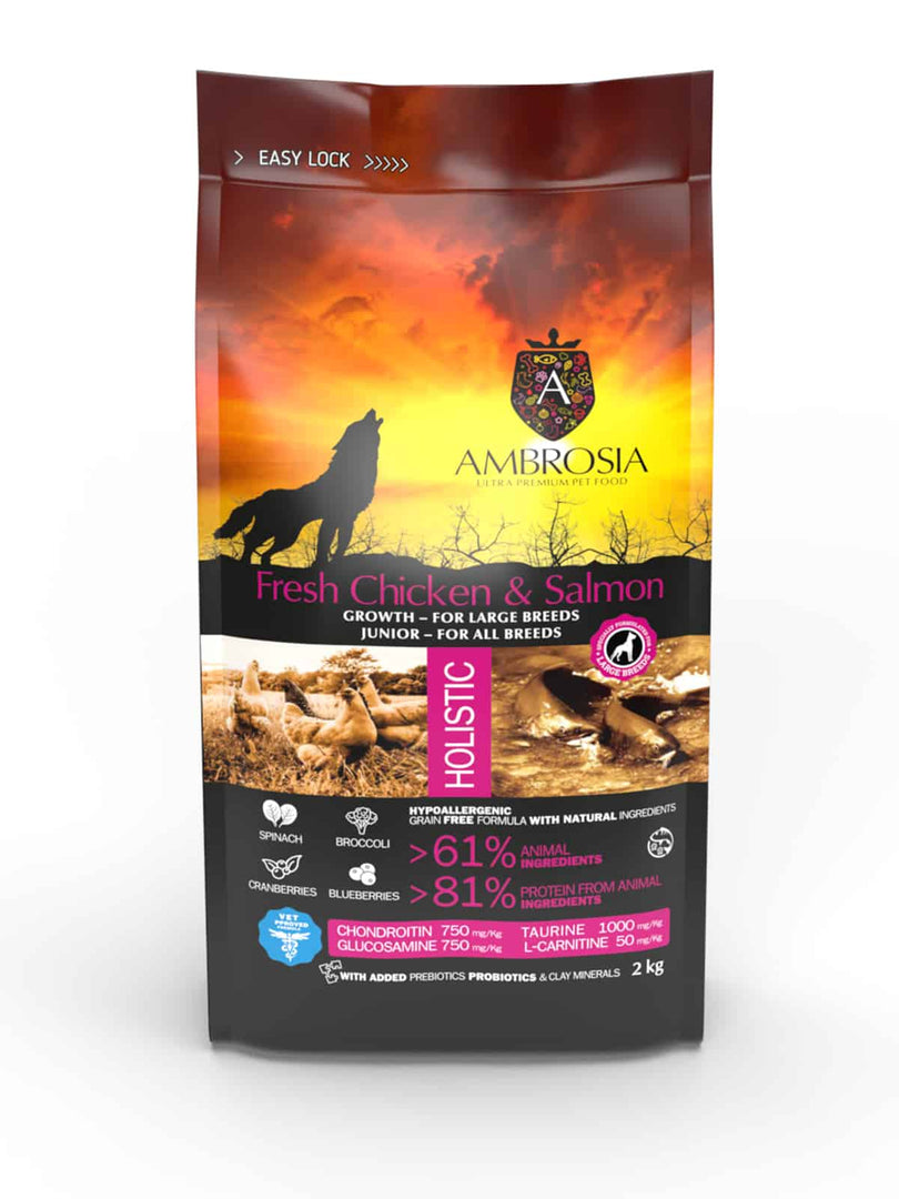 Ambrosia - Poulet et Saumon - Nourriture Sèche avec Sans Grains pour Chiots de Grandes Races et Juniors