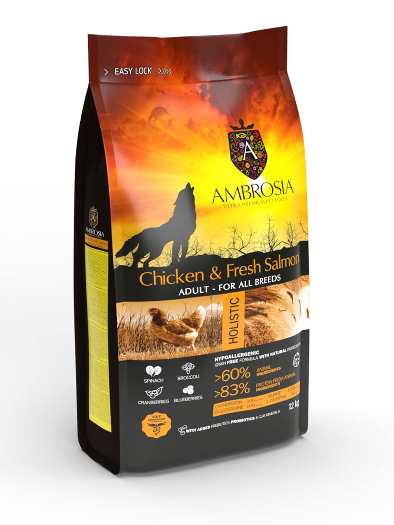 Ambrosia - Poulet et Saumon - Nourriture Sèche avec Sans Grains pour Chiens Adultes
