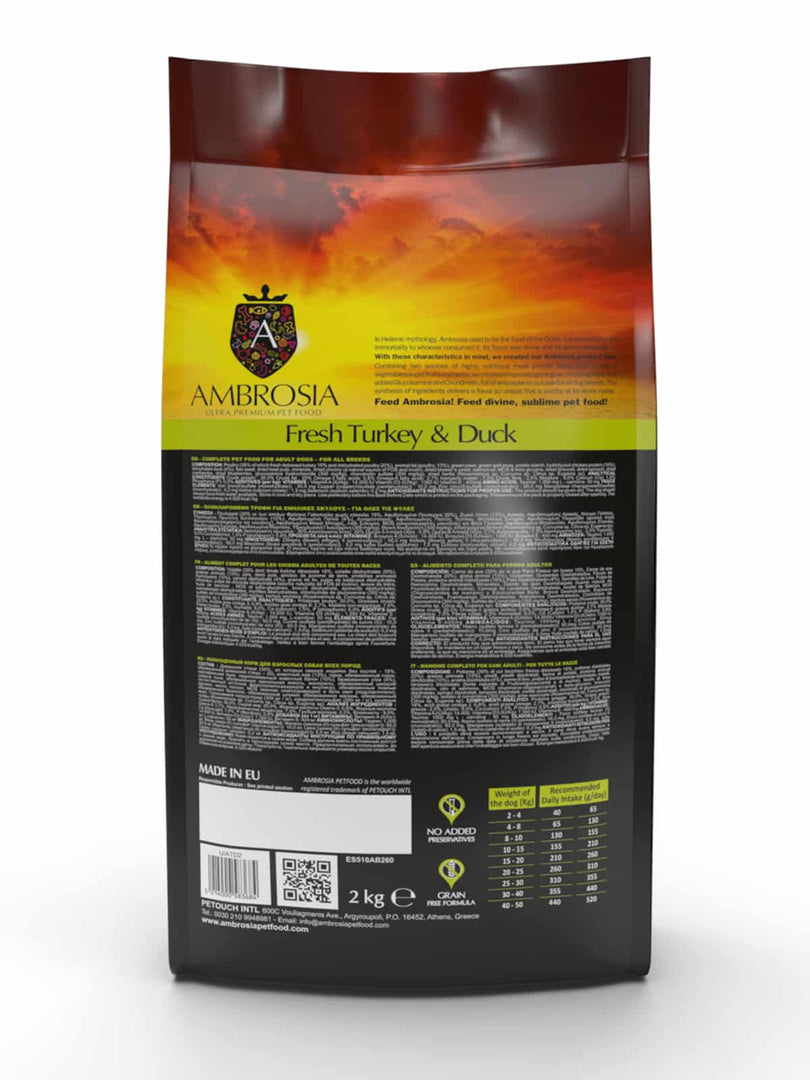 Ambrosia - Dinde et Canard - Nourriture Sèche avec Sans Grains pour Chiens Adultes