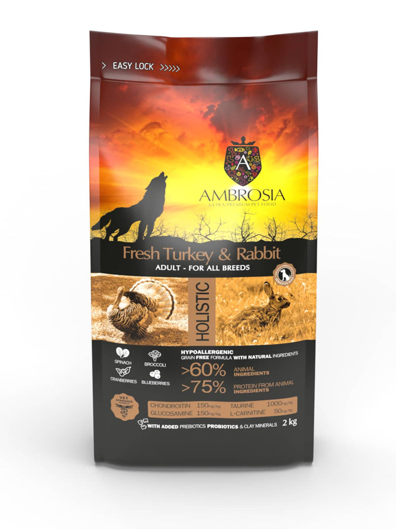 Ambrosia - Sensible, Dinde et Lapin - Nourriture Sèche avec Sans Grains pour Chiens Adultes