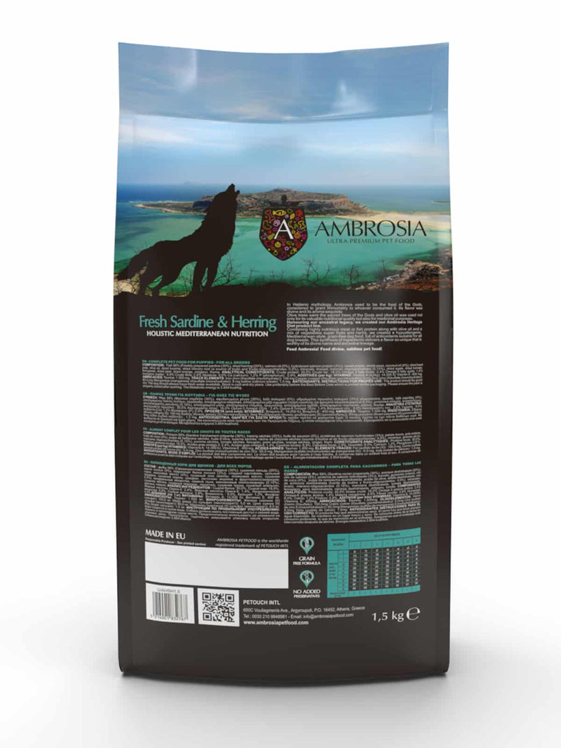 Ambrosia Méditérranéen - Sardine et Hareng - Nourriture Sèche avec Sans Grains pour Chiots
