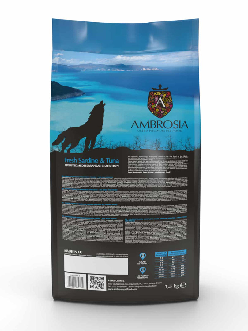 Ambrosia Méditérranéen - Sardine et Thon - Nourriture Sèche avec Sans Grains pour Chiens Adultes