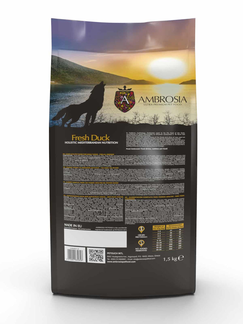 Ambrosia Méditérranéen - Sensible, Canard - Nourriture Sèche avec Sans Grains pour Chiens Adultes