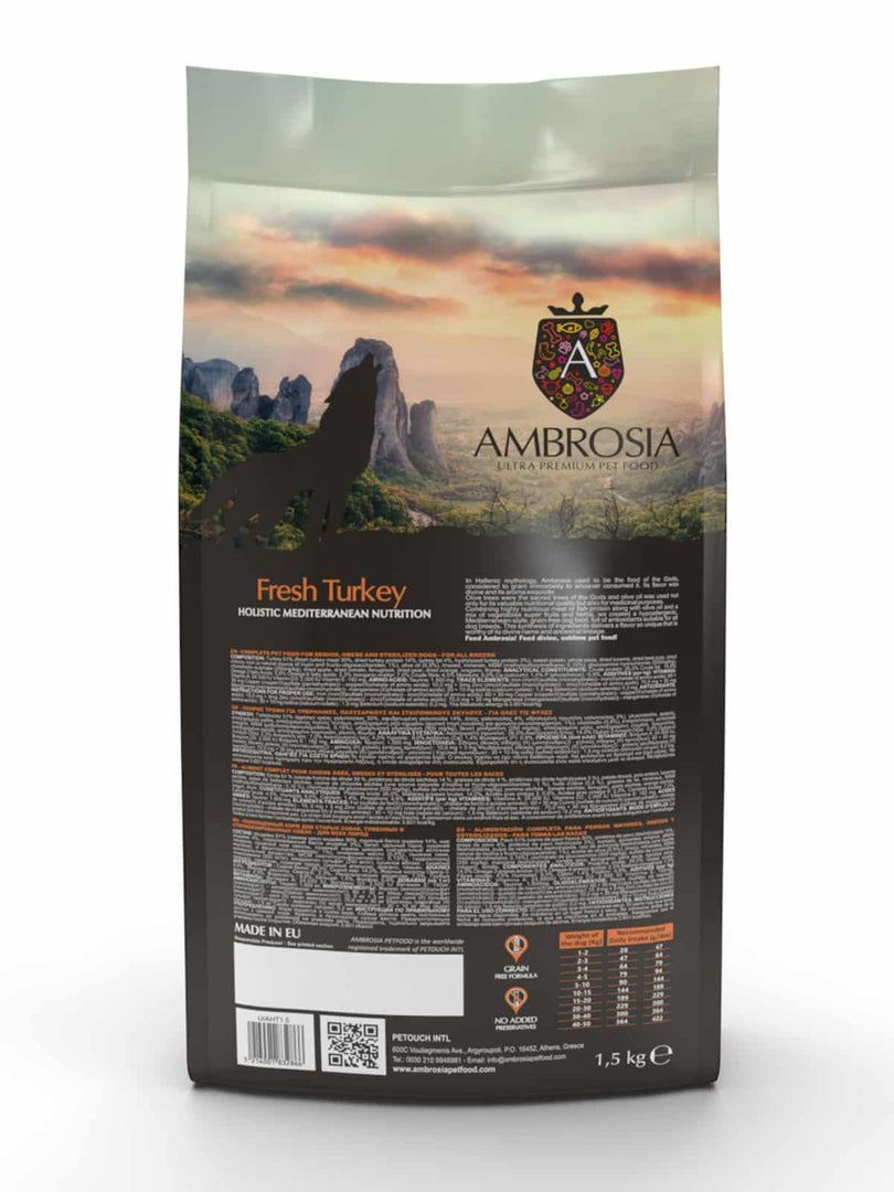 Ambrosia Méditérranéen - Légère, Stérilisé, Dinde - Nourriture Sèche avec Sans Grains pour Chiens Seniors