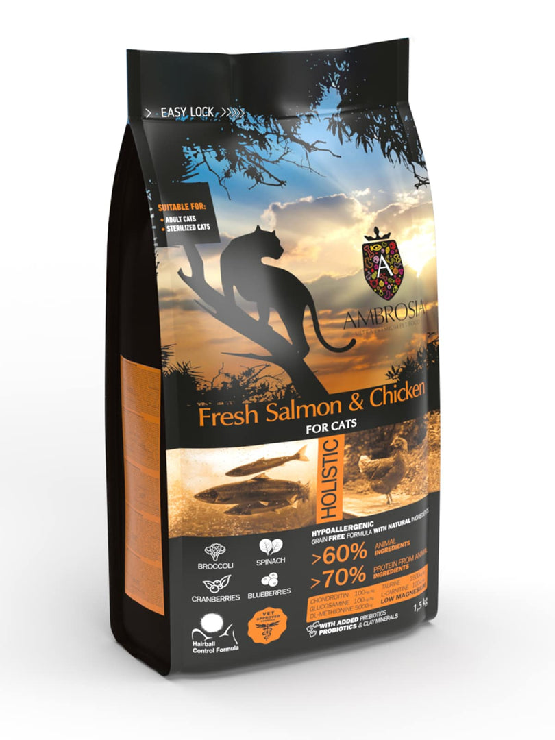 Ambrosia - Saumon et Poulet - Nourriture Sèche Sans Grains pour Chats Stérilisés