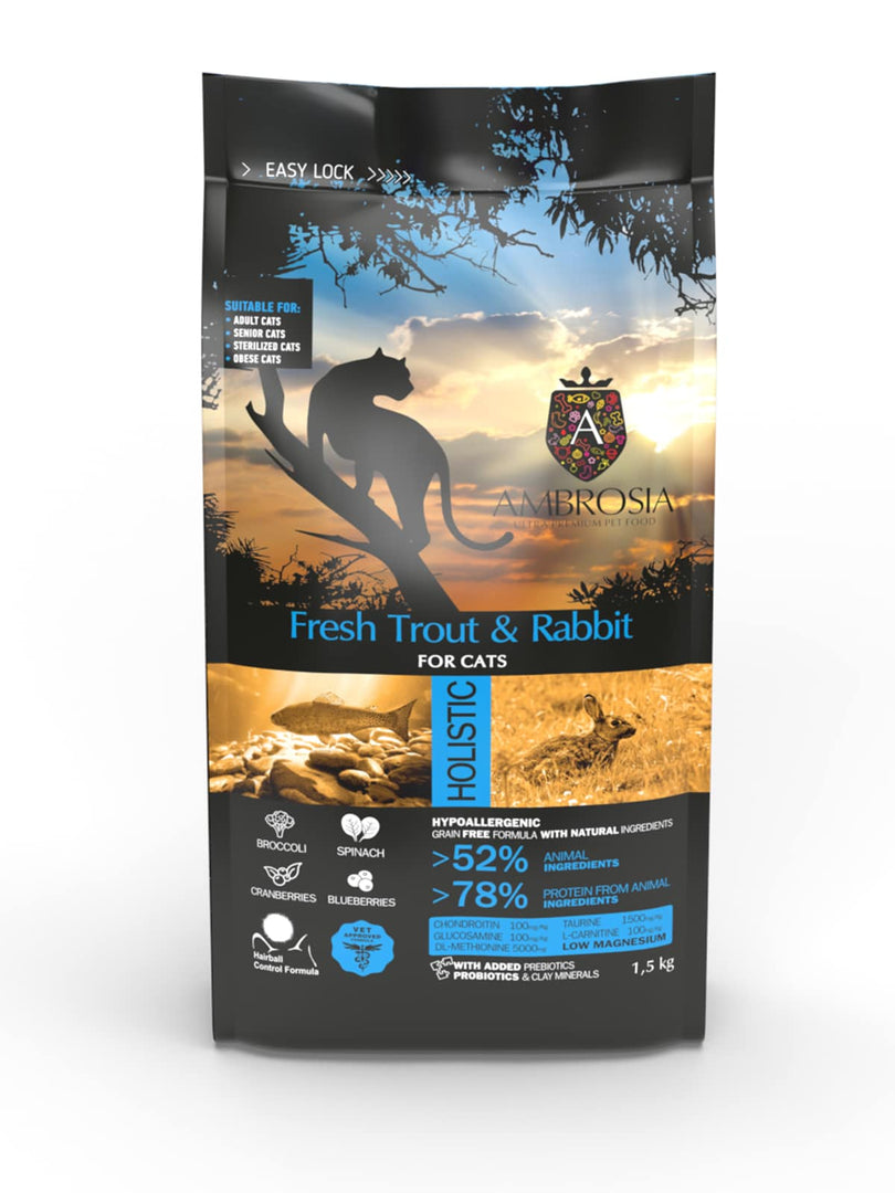 Ambrosia - Truite et Lapin - Nourriture Sèche Sans Grains pour Chats Stérilisés et Seniors