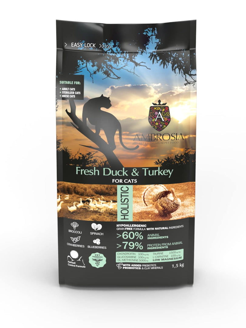Ambrosia - Canard et Dinde - Nourriture Sèche Sans Grains pour Chats Stérilisés et Seniors