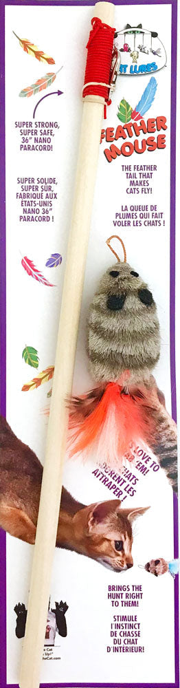 Cat Lures - Tige Agace-Chat en Bois avec Souris à Plumes, 52" - Jouet pour Chats