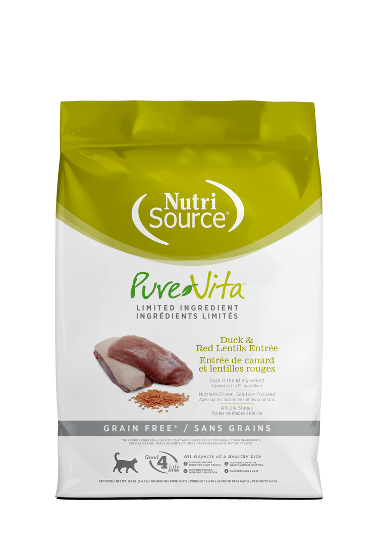 NutriSource PureVita - Chat Canard et Lentilles - Nourriture Sèche à Ingrédients Limités Sans Grains pour Chats