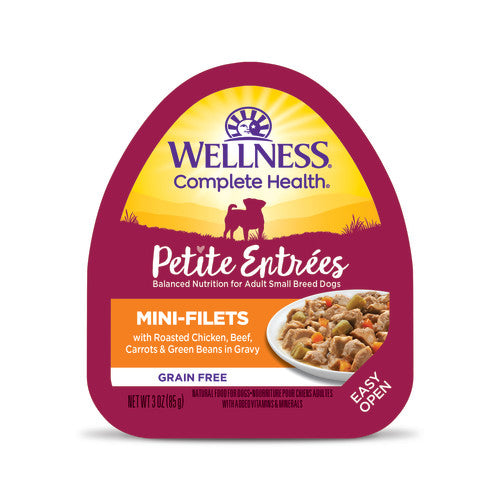 Wellness Petite Entrées - Mini-Filets Poulet Rôti, Boeuf, Carottes et Haricots Verts en Sauce - Nourriture Humide Sans Grains pour Chiens de Petites Races