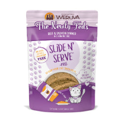 Weruva Slide N' Serve - Chat "The Newly Feds" Pâté de Boeuf et Saumon dans une Purée Hydratante - Nourriture Humide Sans Grains pour Chats en Pochette