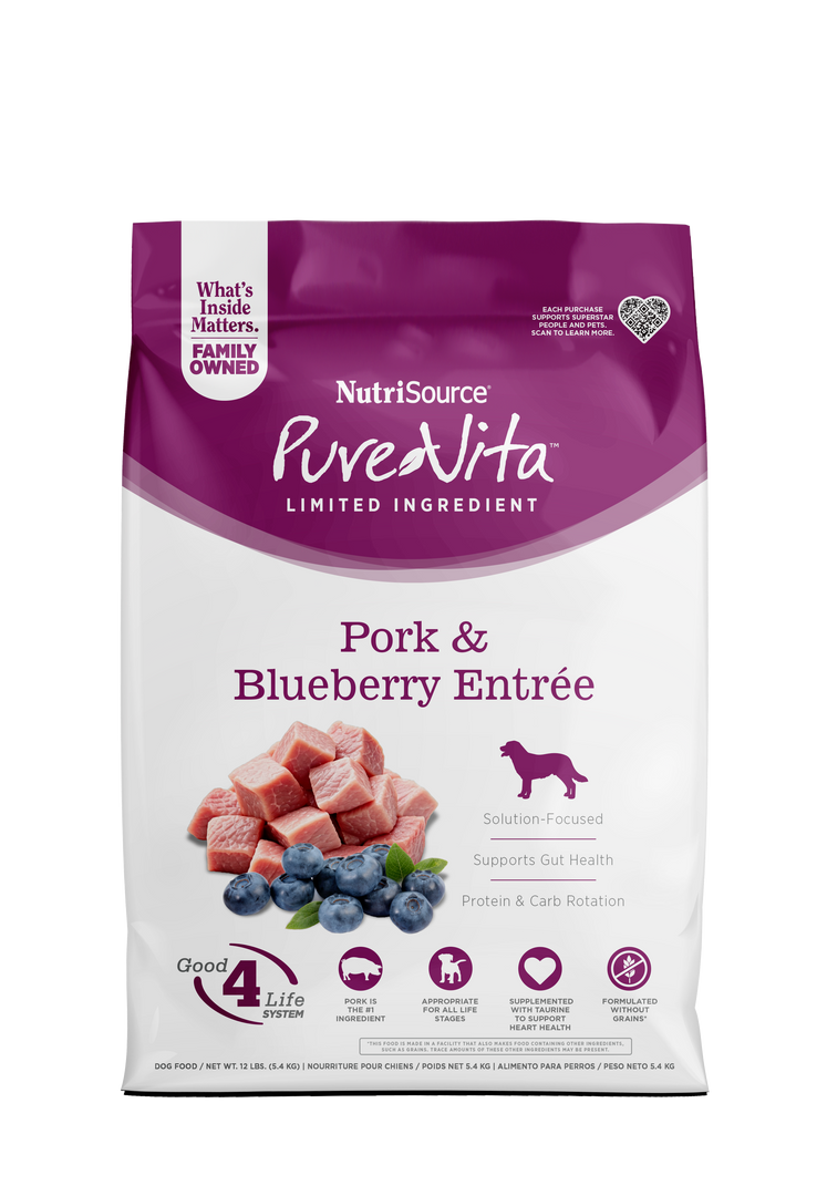 NutriSource PureVita - Chien Porc et Bleuets - Nourriture Sèche à Ingrédients Limités Sans Grains pour Chiens