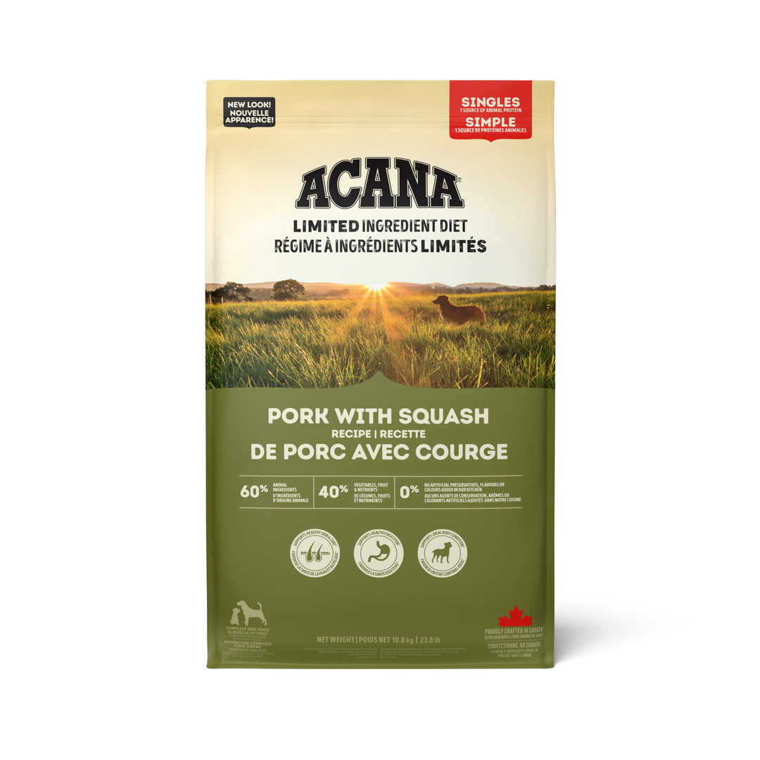 Acana Singles - Chien Porc avec Courge - Nourriture Sèche à Ingrédients Limités Sans Grains pour Chiens