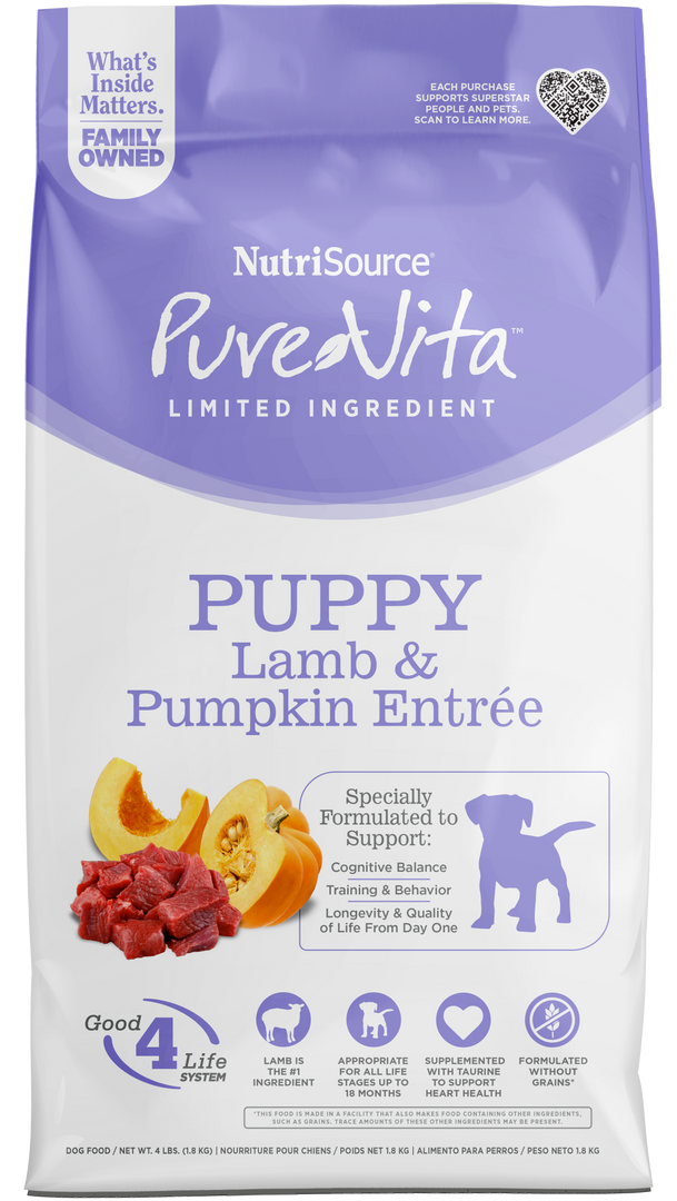 NutriSource PureVita - Chiot Agneau et Citrouille - Nourriture Sèche à Ingrédients Limités Sans Grains pour Chiens