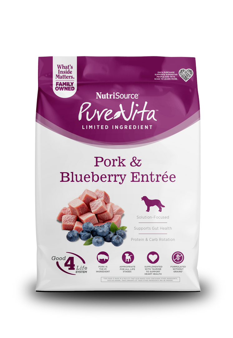 NutriSource PureVita - Chien Porc et Bleuets - Nourriture Sèche à Ingrédients Limités Sans Grains pour Chiens