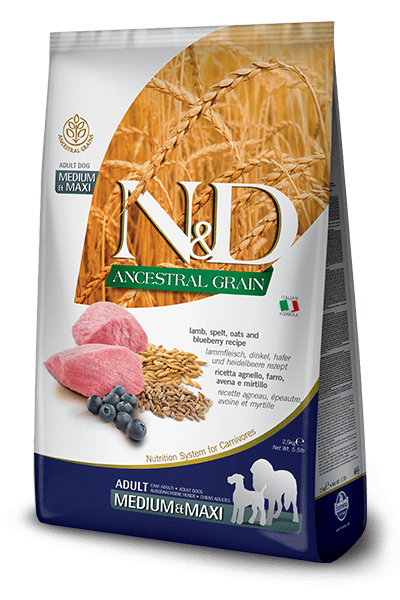 Farmina N&D Grains Ancestraux - Chien Moyenne et Grande Race Agneau et Myrtille - Nourriture Sèche pour Chiens
