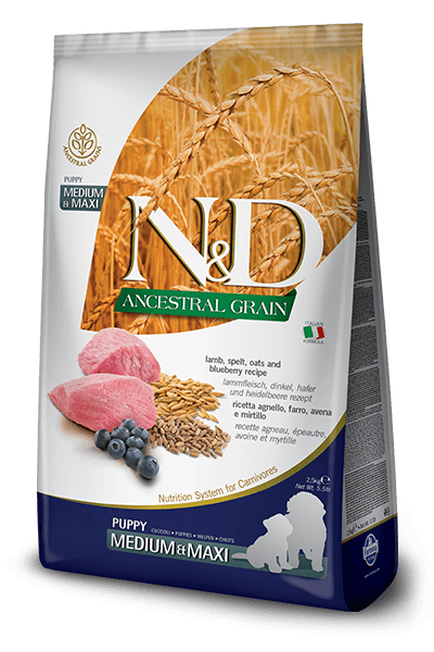 Farmina N&D Grains Ancestraux - Chiot Moyenne et Grande Race Agneau et Myrtille - Nourriture Sèche pour Chiens