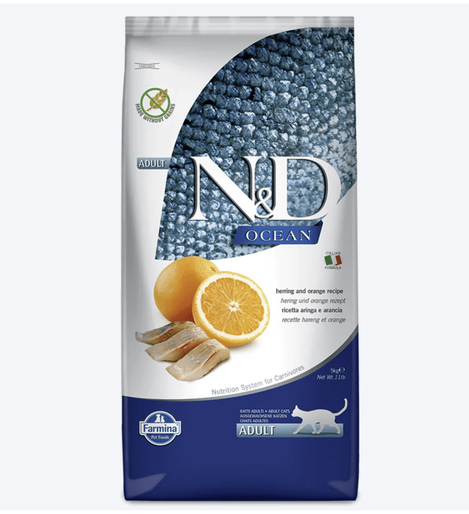 Famina N&D Océan - Chat Hareng et Orange - Nourriture Sèche Sans Grains pour Chats