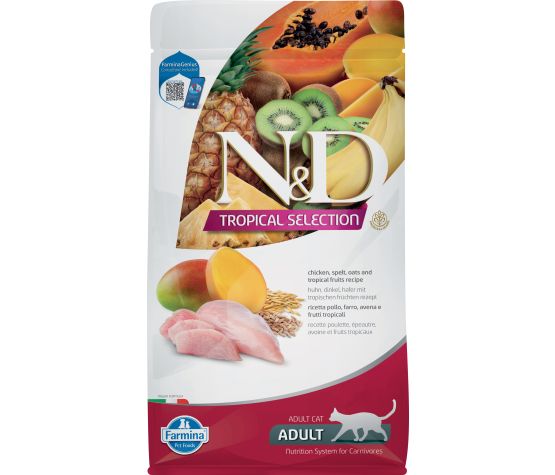 Famina N&D Tropical Selection - Poulet et Fruits Tropicaux - Nourriture Sèche pour Chats Adultes