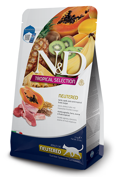 Famina N&D Tropical Selection - Agneau et Fruits Tropicaux - Nourriture Sèche pour Chats Adultes Stérilisés