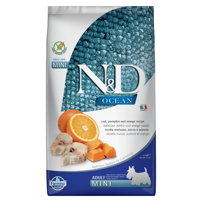 Farmina N&D Océan - Chien Petite Race Morue, Potiron et Orange - Nourriture Sèche Sans Grains pour Chiens