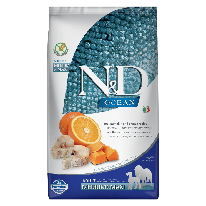 Farmina N&D Océan - Morue, Potiron et Orange - Nourriture Sèche Sans Grains pour Chiens de Moyennes et Grandes Races