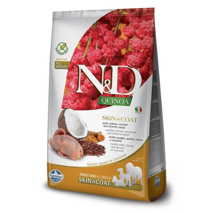 Famina N&D Quinoa - Chien Moyenne et Grande Race Peau & Pelage Caille - Nourriture Sèche Sans Grains pour Chiens de Moyenne et Grande Race