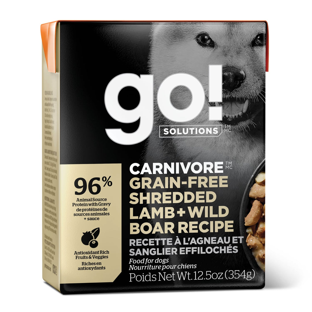 Petcurean Go! Solutions Carnivore - Agneau et Sanglier Effilochés en Sauce - Nourriture Humide Sans Grains pour Chiens en Tetra Pak