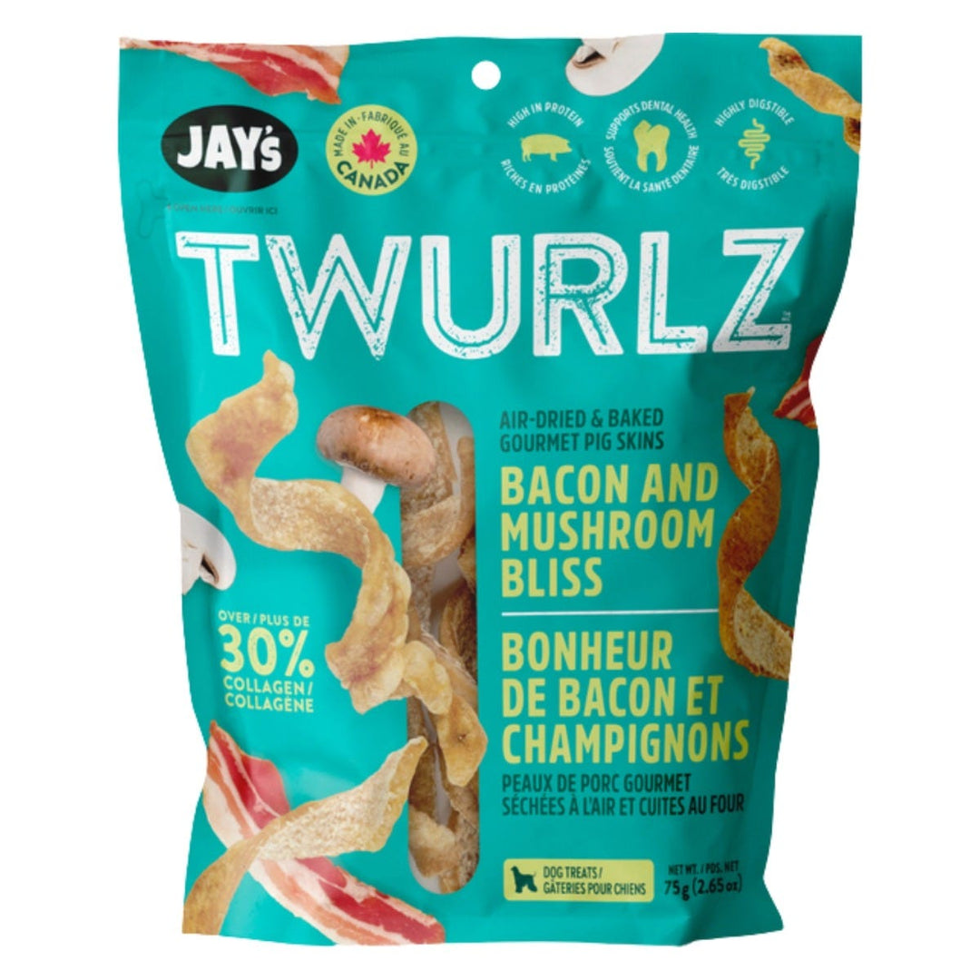 Jay's Twurlz - Peaux de Porc au Bacon et Champignons - Gâteries Séchées à l'Air pour Chiens
