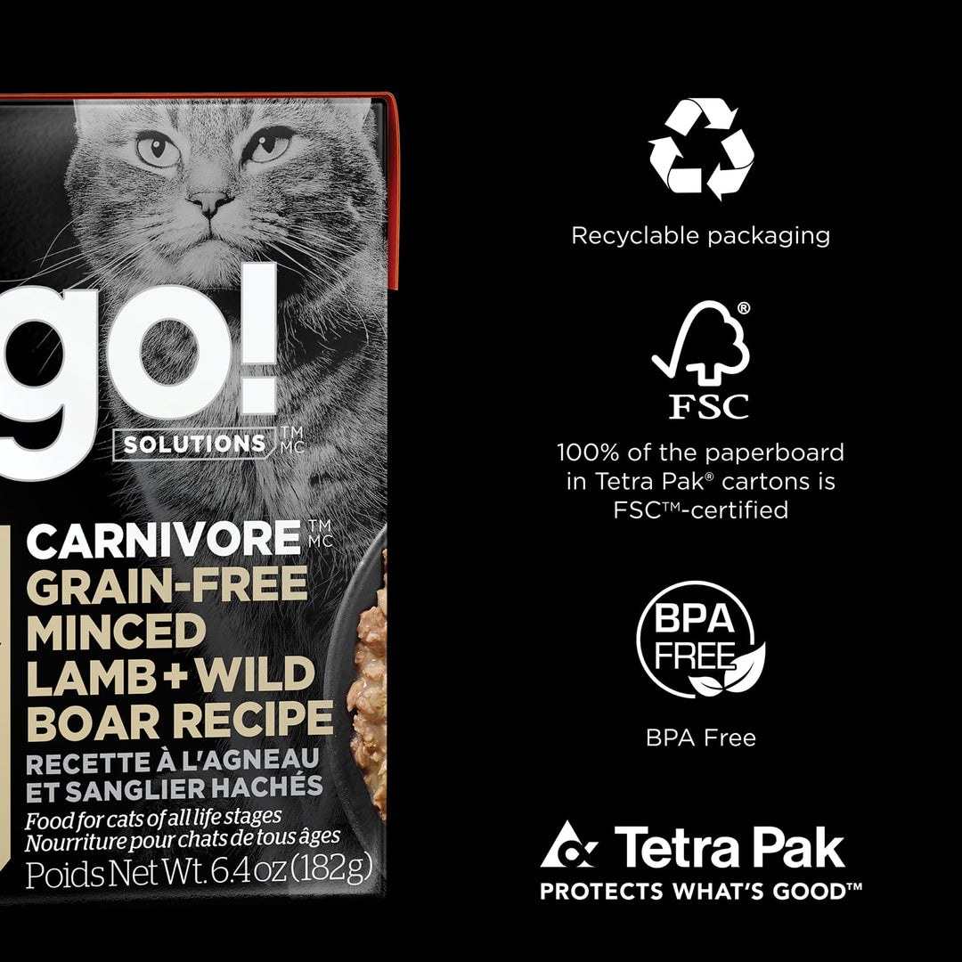 Petcurean Go! Solutions Carnivore - Chat Agneau et Sanglier Haché - Nourriture Humide Sans Grains pour Chats en Tetra Pak