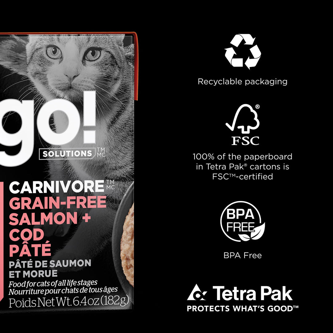 Petcurean Go! Solutions Carnivore - Chat Pâté de Saumon et Morue - Nourriture Humide Sans Grains pour Chats en Tetra Pak