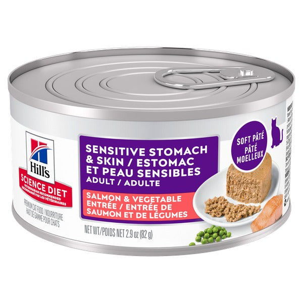 Hill's Science Diet - Estomac et Peau Sensibles - Entrée de Saumon et Légumes - Nourriture Humide pour Chats Adultes