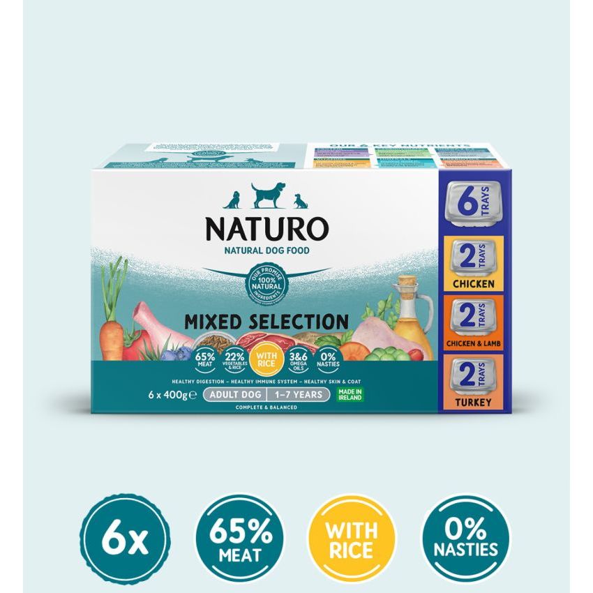 Naturo - Chien Assortiment avec Riz (Poulet, Agneau, Dinde) - Caisse de 6 x 400 g - Nourriture Humide pour Chiens
