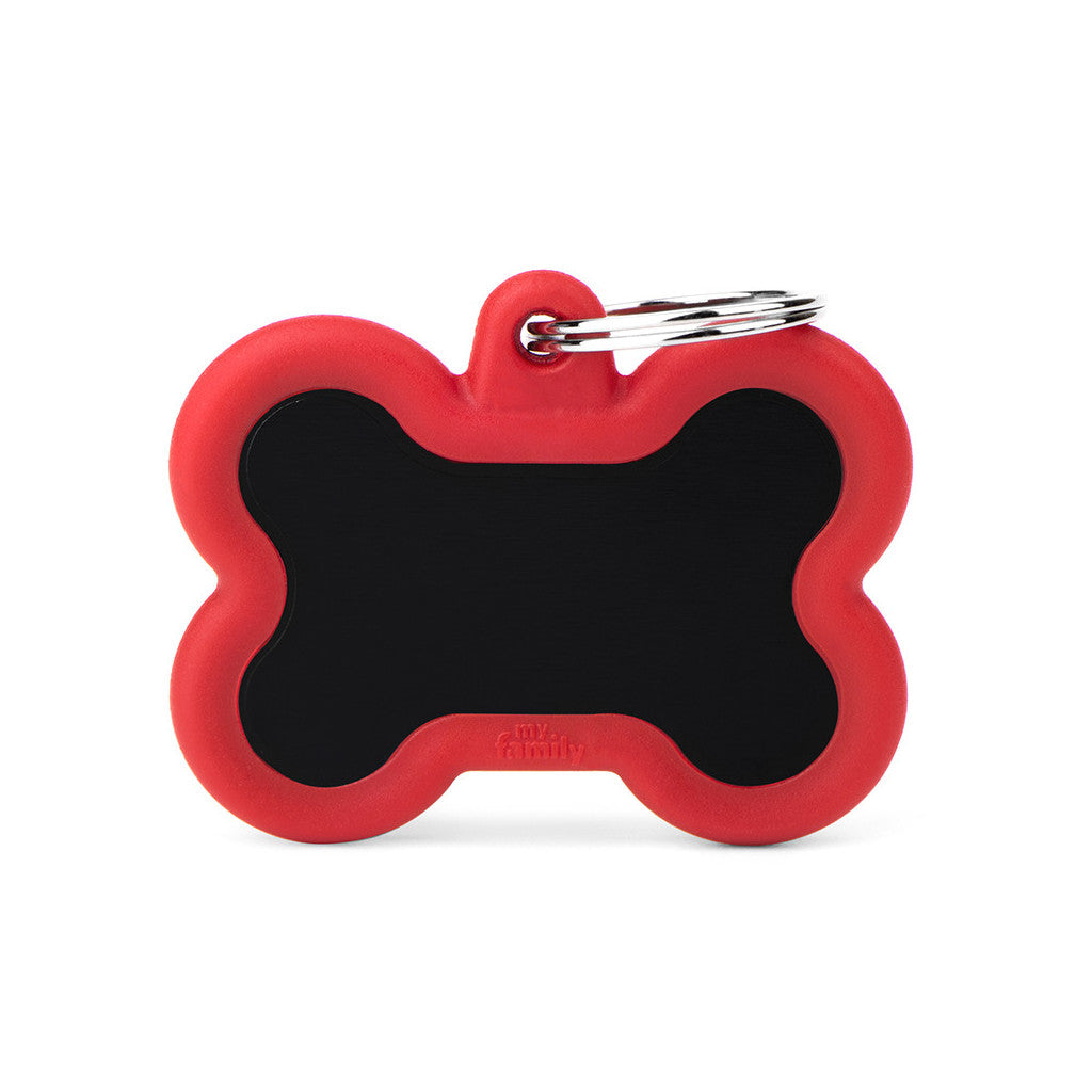 My Family - Hushtag Os Aluminium Noir/Caoutchouc Rouge - Médaille d'Identité pour Chiens
