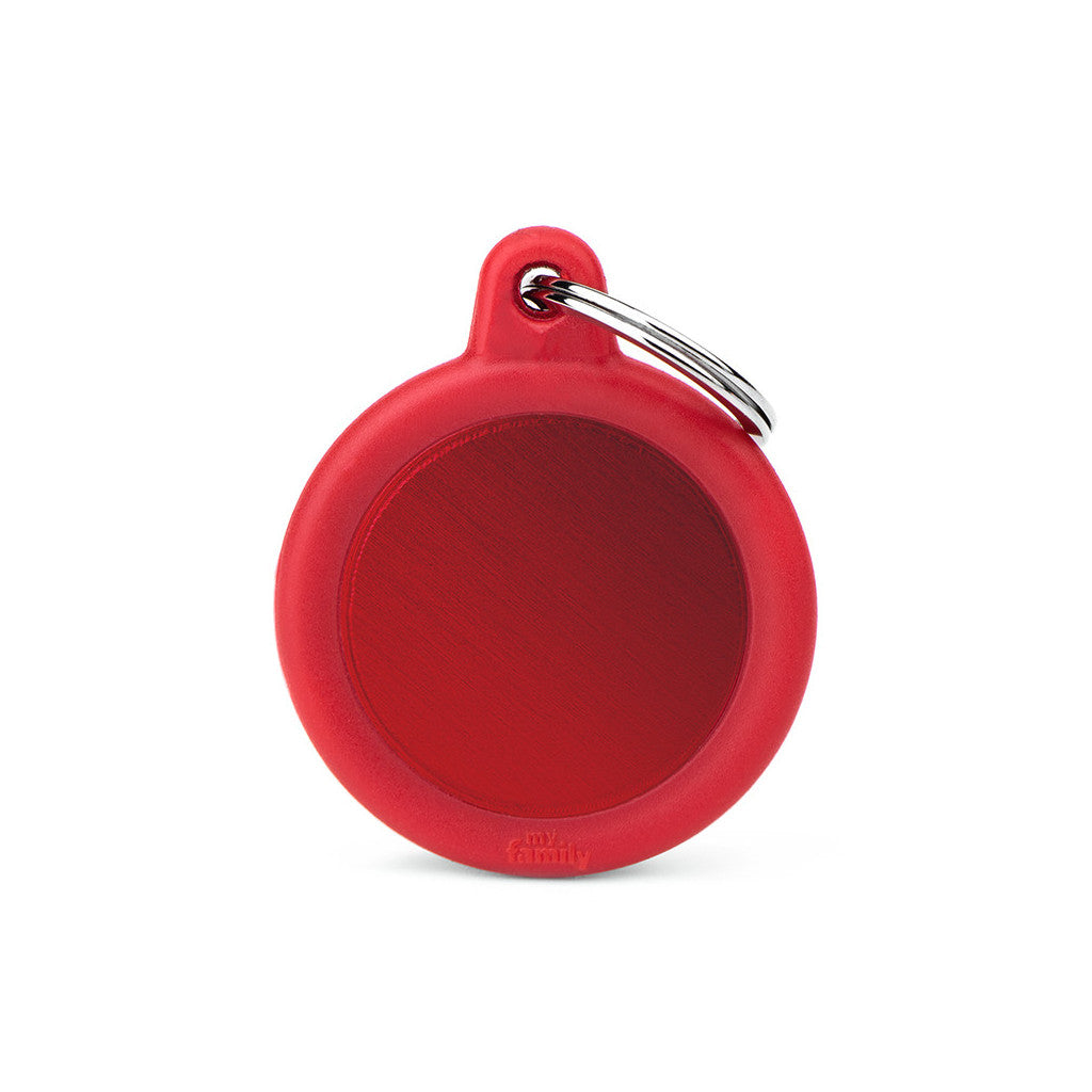 My Family - Hushtag Cercle Aluminium Rouge/Caoutchouc Rouge - Médaille d'Identité pour Chiens