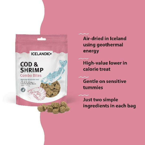 Icelandic+ Bouchées de Morue et Crevettes - Gâteries Séchéess à l'Air pour Chiens