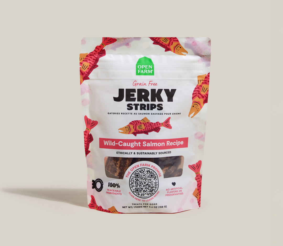 Open Farm - Lanières Jerky de Saumon Sauvage - Gâteries Tendres Sans Grains pour Chiens