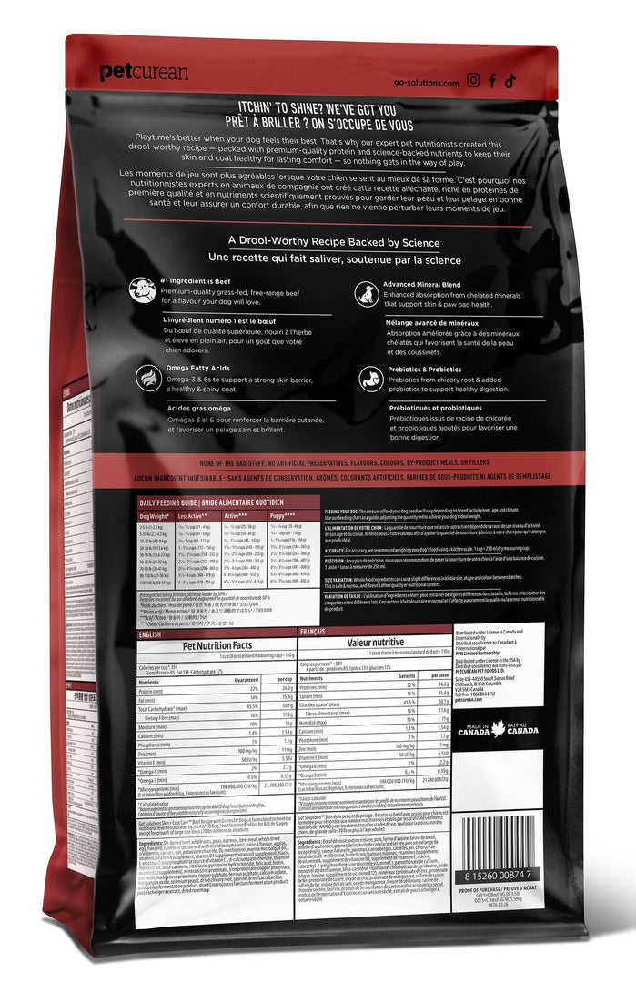 Petcurean Go! Solutions - Soins Peau et Pelage, Boeuf - Nourriture Sèche avec Grains pour Chiens