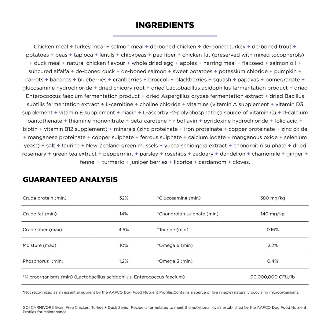 Petcurean Go! Solutions Carnivore - Poulet, Dinde et Canard - Nourriture Sèche Sans Grains pour Chiens Seniors