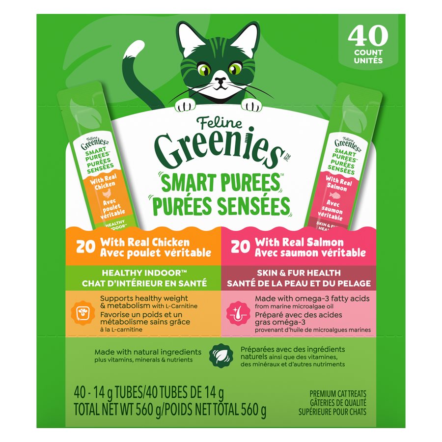 Greenies Feline Purées Sensées - Emballage Varié, 20 x Chat d'Intérieur et 20 x Peau et Pelage - Gâteries à Lêcher pour Chats
