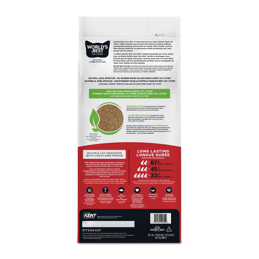 World's Best - Multi-ChatsSans Parfum - Litière Agglomérante Naturelle de Maïs pour Chats