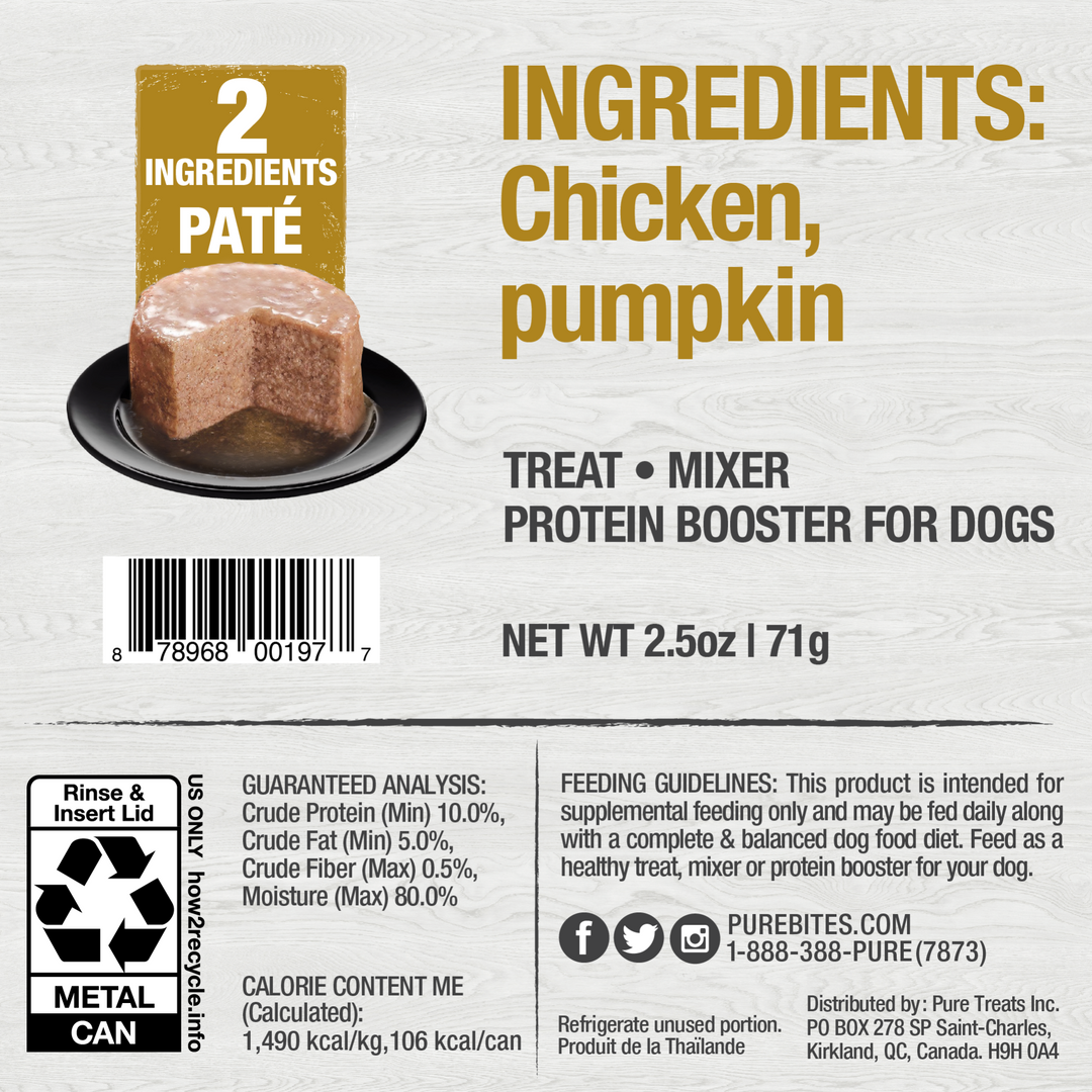 Purebites - Pâté 100% Pur Poulet et Citrouille - Nourriture Humide pour Chiens