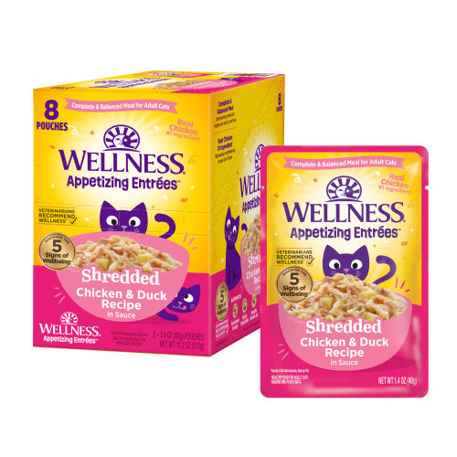Wellness Appetizing Entrees - Poulet et Canard Déchiquettés en Sauce - Nourriture Humide pour Chats Adultes en Sachet