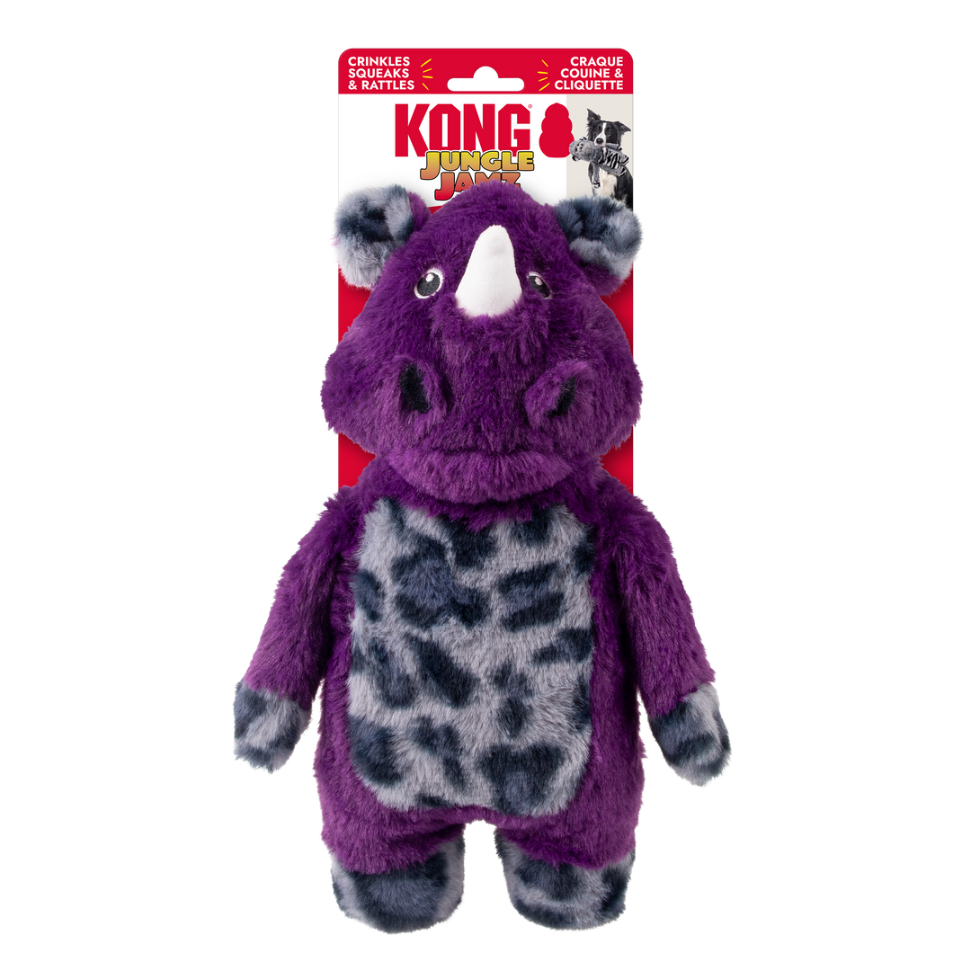 Kong - Jungle Jamz Rhinocéros - Jouet Interactif en Peluche avec Couineur pour Chiens