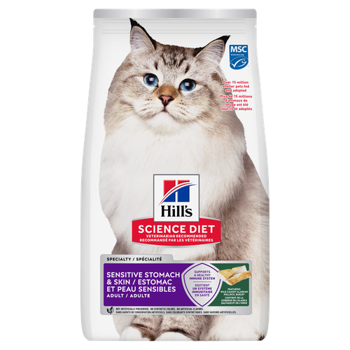 Hill's Science Diet - Estomac et Peau Sensibles, Goberge et Orge - Nourriture Sèche pour Chats Adultes